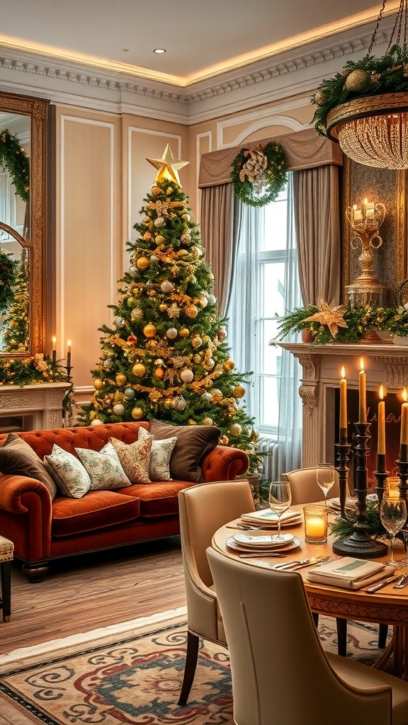 Luxury Christmas decor in a living room with a grand tree, elegant dining table, and warm lighting.
